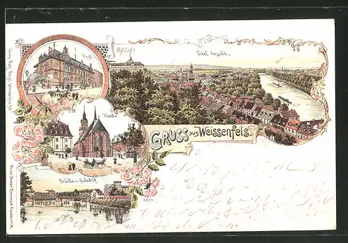 Lithographie Weissenfels, Ortsansicht aus der Vogelschau, Blick auf Post, Kirche, Brücke und Bahnhof