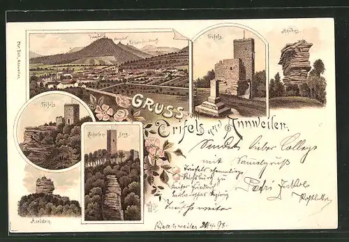 Lithographie Annweiler, Ortsansicht, Burg Trifels mit Aselstein und Scharfenberg