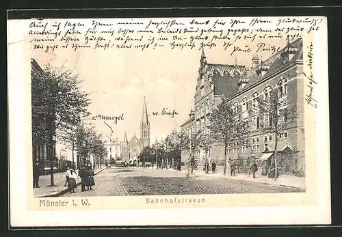 AK Münster i. W., Bahnhofstrasse mit der Erlöserkirche