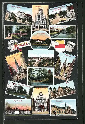 AK Münster i. W., Hammerstrasse, Bahnhof, Dom, Rathaus, Stadtweinhaus, Königl., Schloss Totalansicht, Stadthaus