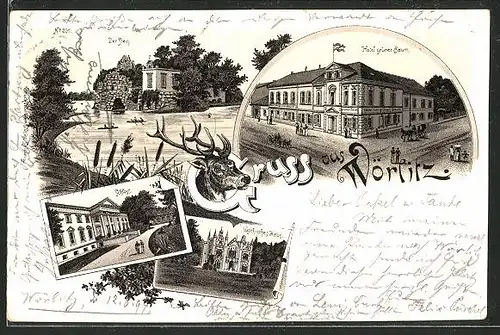 Vorläufer-Lithographie Wörlitz, 1894, Hotel grüner Baum, Der Stein, Schloss