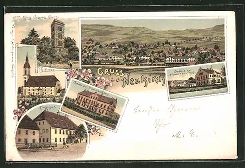 Lithographie Neukirch, Rittergut, Schule zu Ober-Neukirch, Kirche, Schule zu Niederneukirch, König Johann Thurm, Totale
