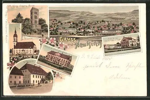 Lithographie Neukirch, Rittergut, Schule zu Ober-Neukirch, Kirche, Schule zu Niederneukirch, König Johann Thurm, Ortsans
