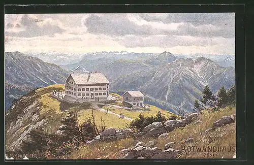 Künstler-AK Rudolf Reschreiter: Berghütte Rotwandhaus mit Blick über die Alpen