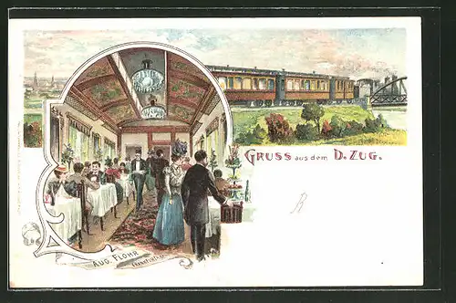 Lithographie Gruss aus dem D. Zug, Eisenbahn-Restaurant Aug. Flohr / Frankfurt a. Main