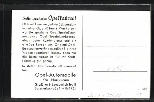 AK Stassfurt-Leopoldshall, Opel Automobile Karl Hausmann, Salzwerksstrasse 1, Werkstatt