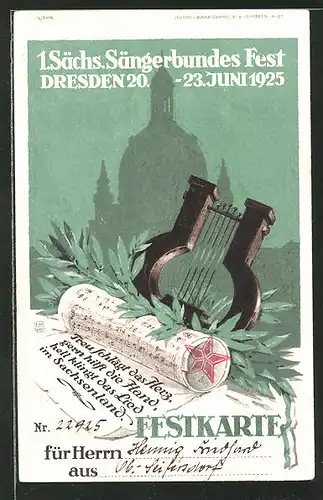 AK Dresden, 1. Sächsisches Sängerbundes Fest 1925, Festkarte mit Noten und Harfe