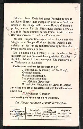 AK Dresden, 1. Sächsisches Sängerbundes Fest 1925, Festkarte mit Noten und Harfe