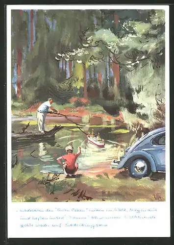 Künstler-AK VW-Käfer Reklame, ...entdecken den Stillen Ozean mitten im Wald...