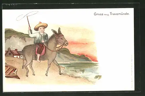 Lithographie Travemünde, kleiner Junge mit Cowboyhut und Lasso auf einem Pferd
