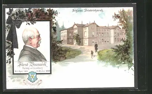 Lithographie Bildnis Fürst Otto von Bismarck mit Trauerschleife, Blick auf Schloss Friedrichsruh