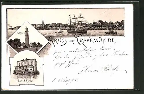 Vorläufer-Lithographie Travemünde, 1895, Bahnhofs Hotel, Bes. F. Köhler, Leuchtthurm, Totalansicht mit Flusspartie
