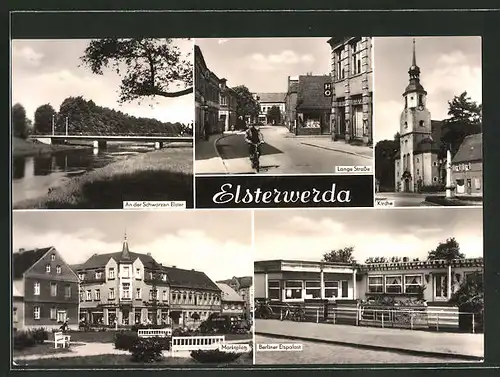 AK Elsterwerda, Lange Strasse, Kirche, Berliner Eispalast, Marktplatz
