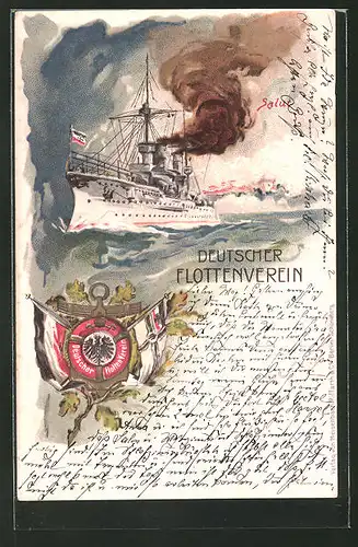Lithographie Kriegsschiff auf hoher See, Deutscher Flottenverein