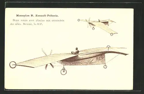 AK Flugzeug Monoplan R. Esnault-Pelterie, deux roues sont placées aux extremitiés des ailes