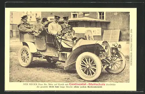 AK Reklame Continental-Gleitschutz, Herkomer-Konkurrenz 1906, Dr. Stöss auf Auto Horch, Autorennen