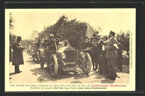 AK Reklame Continental-Gleitschutz, Herkomer-Konkurrenz 1907, E. Ladenburg auf Auto Benz, Autorennen