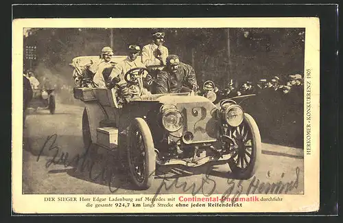AK Reklame Continental-Pneumatik, Herkomer-Konkurrenz 1905, E. Ladenburg auf Auto Mercedes, Autorennen