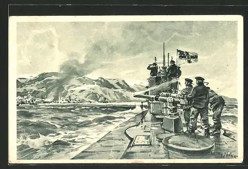 Künstler-AK Willy Stoewer: Alexandrowsk, Dt. U-Boot im Eismeer, Soldaten beschiessen den Ort
