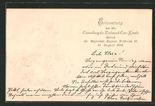 Präge-AK Seitenportrait Kaiser Wilhelm II. zur Erinnerung an die Einweihung des Dortmund-Ems-Kanals 1899