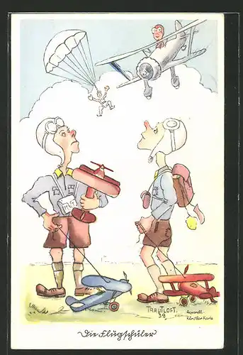 Künstler-AK "Ein Flugschüler?", Soldat mit Fallschirm, Flieger-Humor