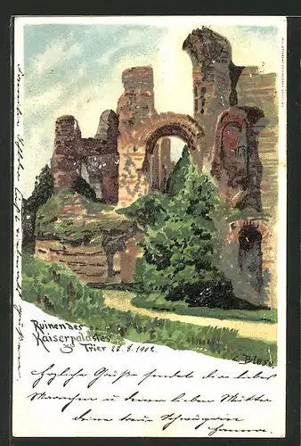 Künstler-Lithographie Carl Biese: Trier, Ruine des Kaiserpalastes