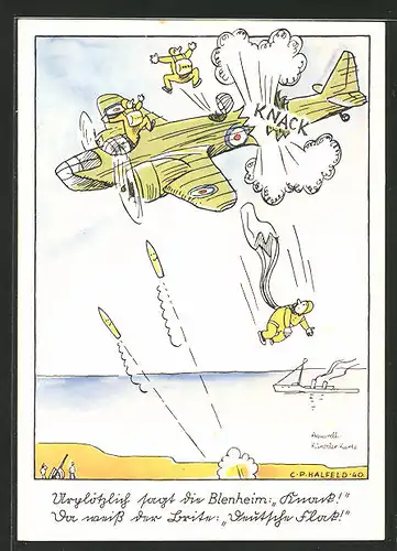 Künstler-AK Flieger-Humor, Urplötzlich sagt die Blenheim "Knack!", Fallschirmjäger