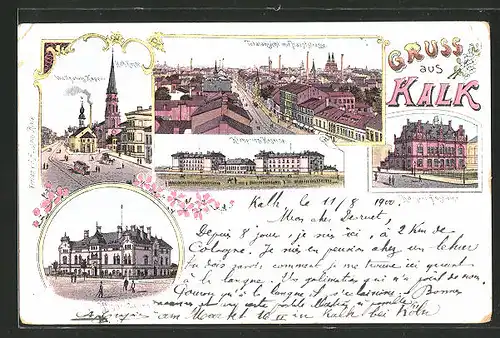 Lithographie Köln-Wahn, Wallfahrts-Kapelle, Kronprinz-Kaserne, Kaiserl. Postamt, Offizier-Casino
