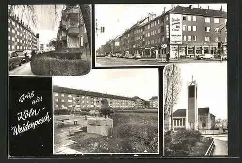 AK Köln-Weidenpesch, Neubausiedlung, Geschäftsstrasse mit Hotel Weidenpescher Hof, Kirche