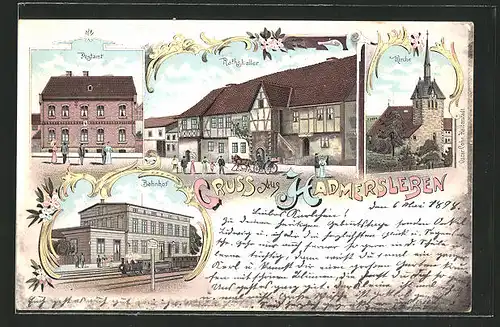 Lithographie Hadmersleben, Gasthof Rathskeller, Bahnhof, Postamt