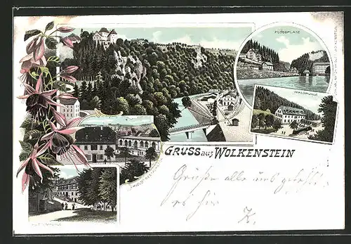 Lithographie Wolkenstein, Panorama, Arnolds Restauration, Hüttenmühle & Waldmühle