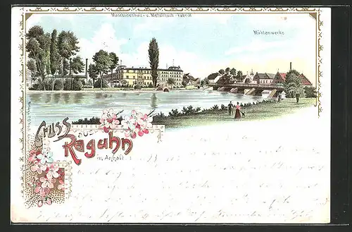 Lithographie Raguhn in Anhalt, Panorama mit Mühlenwerke & Maschinenbau- u. Metalltuch-Fabrik