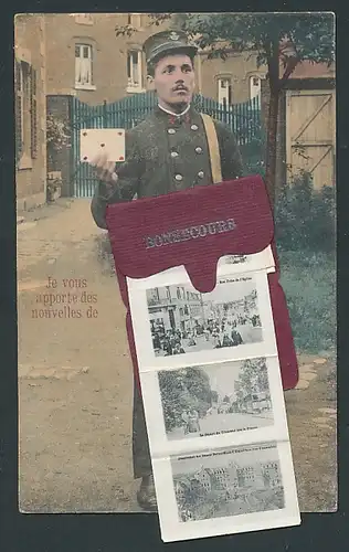 Leporello-AK Bonsecours, Briefträger mit Ansichten von Kirche und Chateau de l'Ermitage in der Tasche