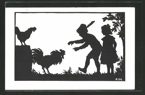 Künstler-AK Anna Schirmer: Knabe versucht einen Hahn zu fangen