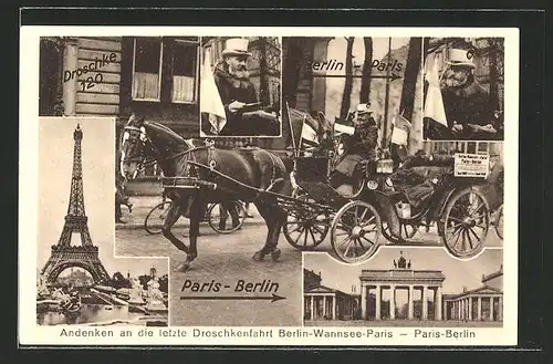 AK Eiserner Gustav, Letzte Droschkenfahrt Paris-Berlin, 1885-1928