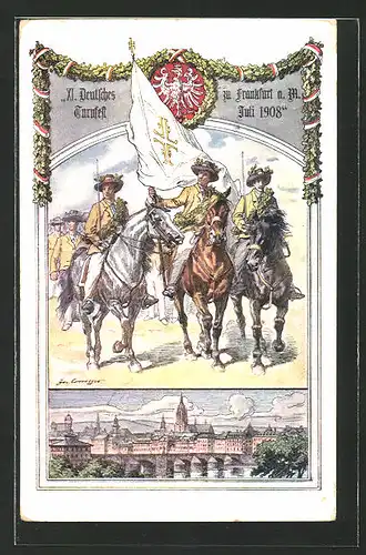 AK Frankfurt a/M, XI. Deutsches Turnfest 1908, Reiter mit Fahne