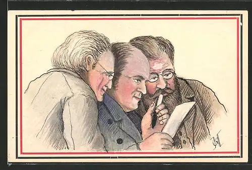 Künstler-AK Handgemalt: 3 Männer lesen zusammen einen Brief