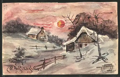 Künstler-AK Handgemalt: Häuserpartie im Schnee bei rotem Himmel