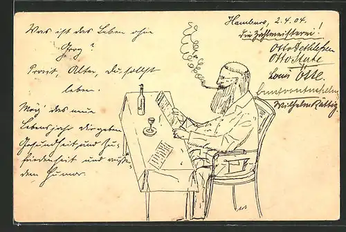 Künstler-AK Handgemalt: Mann mit Zigarette liest einen Brief
