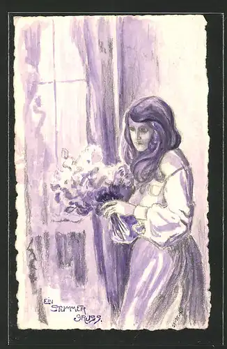 Künstler-AK Handgemalt: ein stummer Gruss, trauerndes Mädchen am Fenster, sign. H. Gehbe
