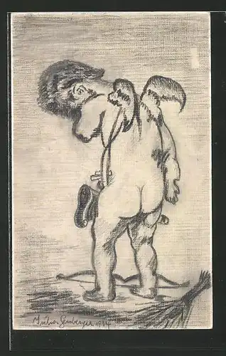 Künstler-AK Handgemalt: Nun ists vorbei! weinender kleiner Amor, sign. Julia Geisberger 1914