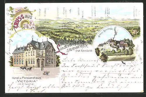 Lithographie Linderhofe-Sternberg i. L., Hotel-Pension Victoria, Schloss Sternberg