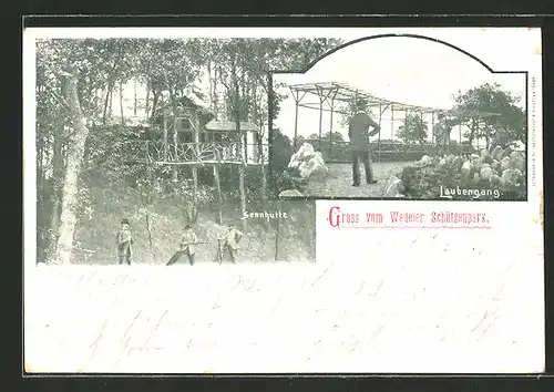 AK Wedel, Schützenpark mit Sennhütte und Laubengang