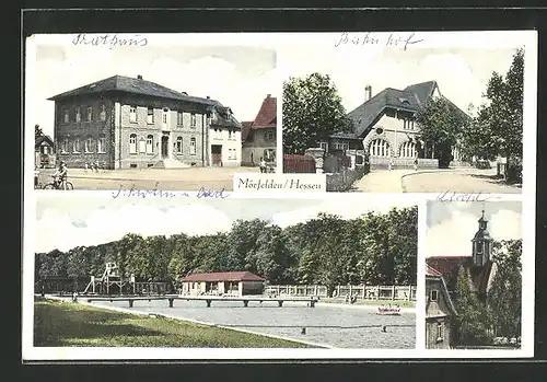 AK Mörfelden /Hessen, Kirche, Bahnhof, Schwimmbad
