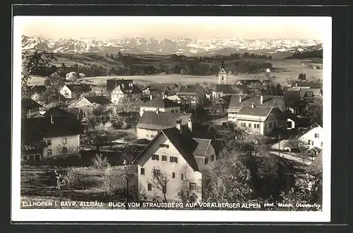 AK Ellhofen i. Bayr. Allgäu, Panorama vom Straussberg auf Voralberger Alpen