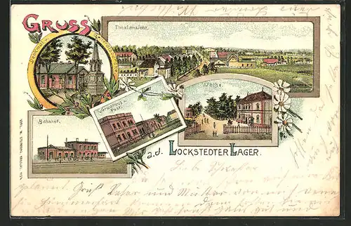 Lithographie Lockstedter Lager, Denkmal und Generalsbaracke, Wache, Bahnhof