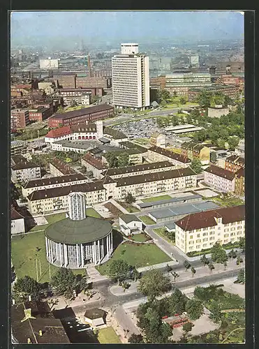 AK Ludwigshafen / Rhein, BASF mit Friedrich-Engelhorn-Haus und der Friedenskirche aus der Vogelschau