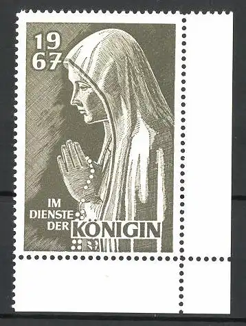 Reklamemarke Im Dienste der Königin, betende Ordensschwester mit Rosenkranz 1967