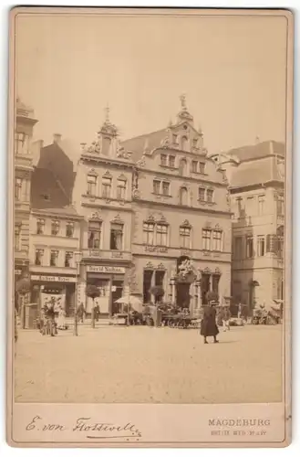 Fotografie E. von Flottwell, Magdeburg, Ansicht Magdeburg, alter Markt mit Börse, Laden von David Nathan & Richard Heyer