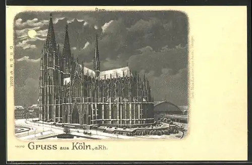 Winter-Lithographie Köln, Blick auf den Dom bei Mondenschein